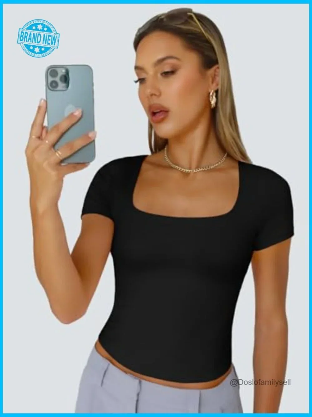 Double Lined Short Sleeve Crop Top Square Neck Slim Fit Tee Y2K Top